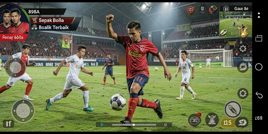 Screenshot utama 898A menampilkan aksi pertandingan sepak bola yang intens.