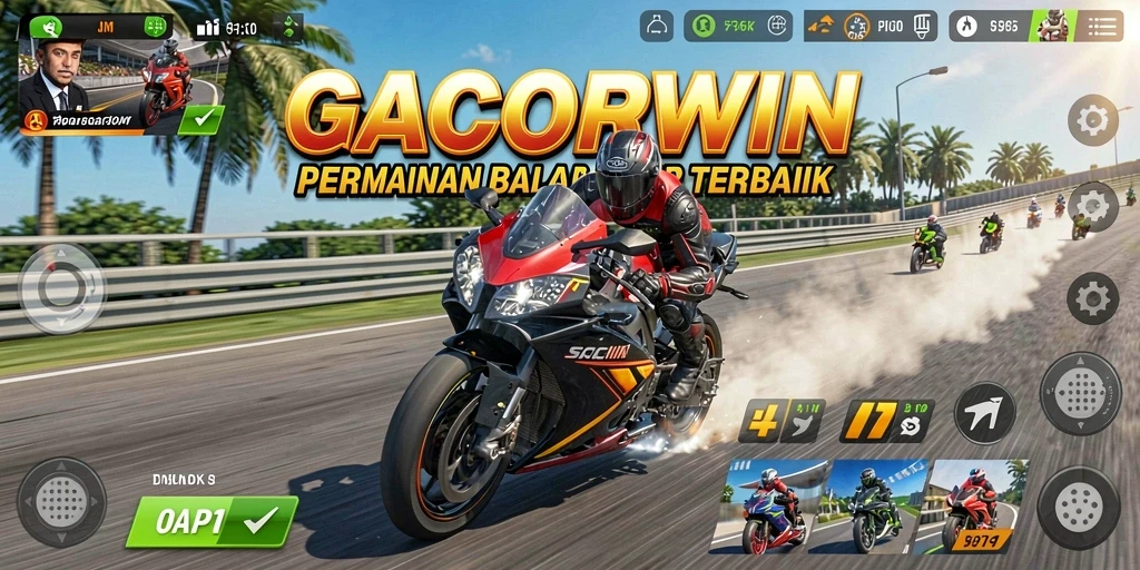 Screenshot gameplay GACORWIN menampilkan aksi balap motor yang mendebarkan.