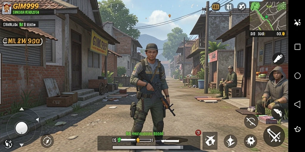 Screenshot GIM999 menampilkan karakter dalam gameplay simulasi yang dinamis.