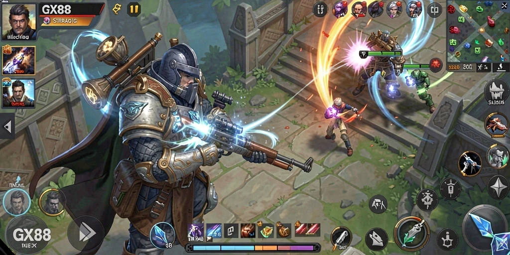 Screenshot gameplay GX88 menampilkan strategi dan kolaborasi antar pemain.