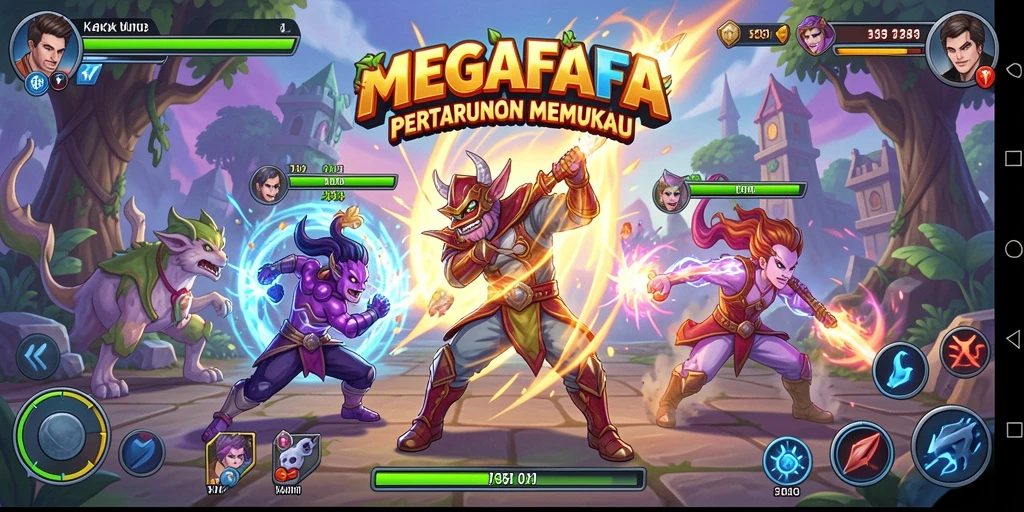 Tangkapan layar MEGAFAFA menunjukkan aksi pertarungan seru dengan karakter yang unik.